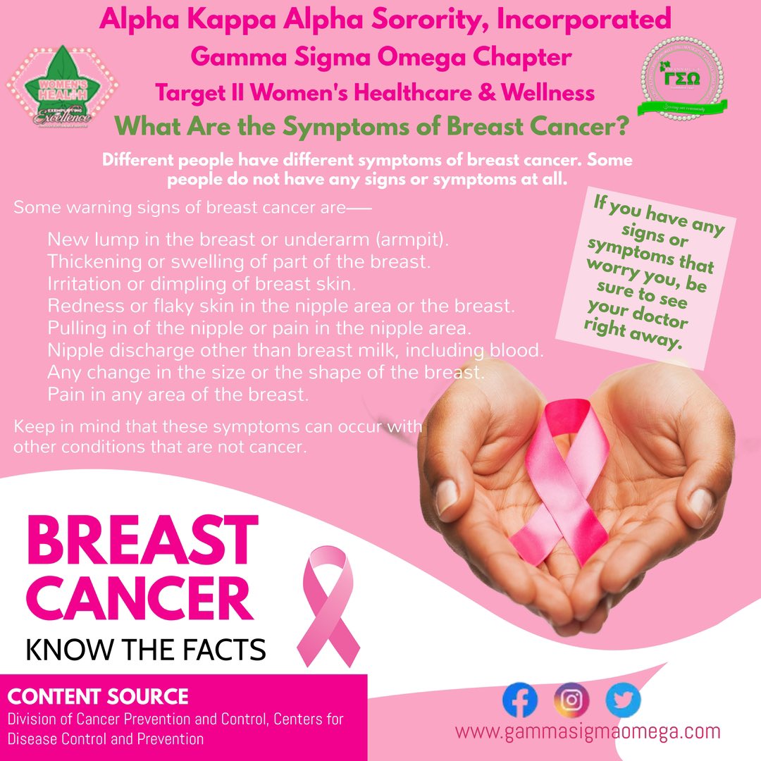 AKA_GSO's tweet image. African American women have a 31% breast cancer mortality rate – the highest of any U.S. racial or ethnic group.
#watchthesigns #knowthewarningsigns
#breastcancerawareness #TargetII #earlydetectionsaveslives #aka1908 #gammasigmaomega #womenshealthcare #servingsignifcantly