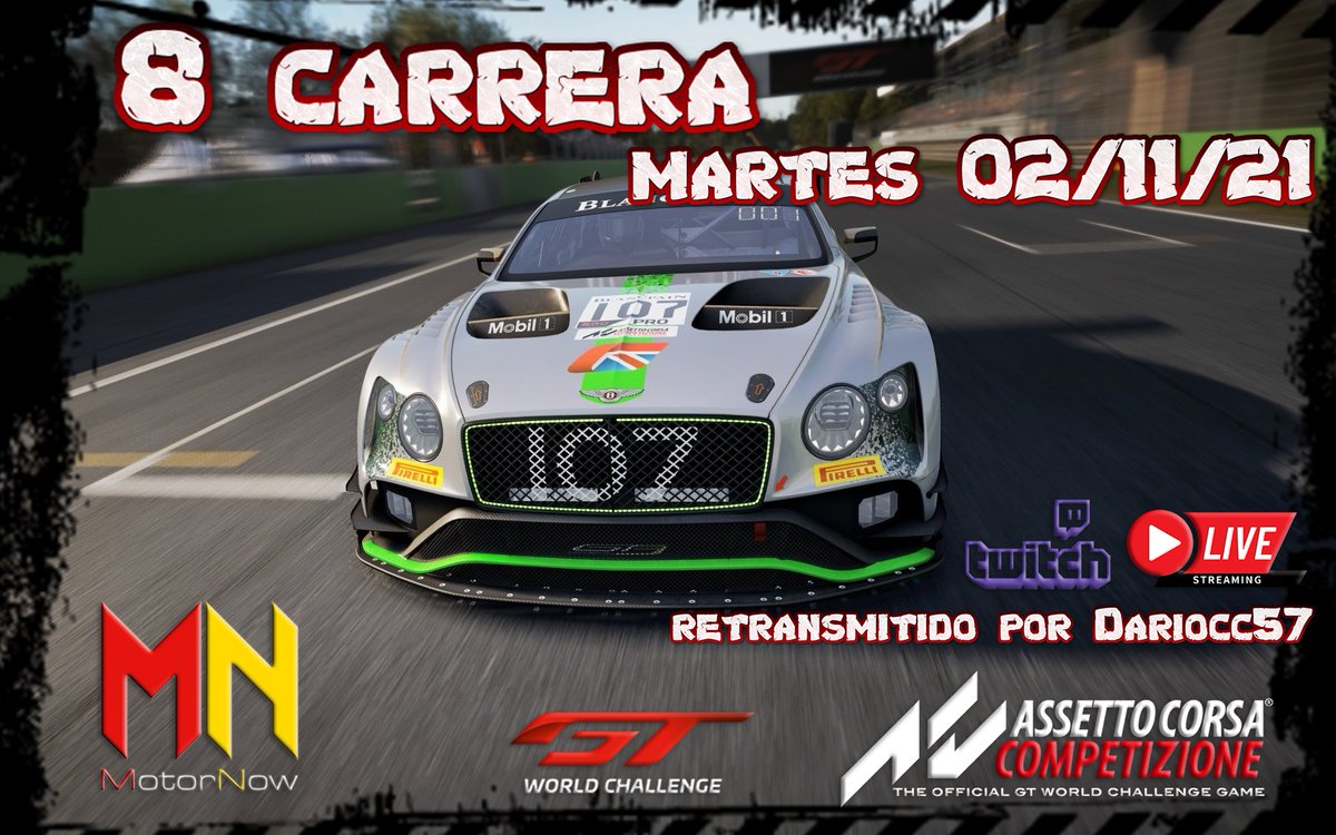 🚥CAMPEONATO GT3 ASSETTO CORSA COMPETIZIONE🚥

El próximo martes tenemos nueva cita y la 8 carrera del campeonato oficial GT3.

🏁 Assetto Corsa Competizione
📆 02/11 - 22:00h
🏴󠁧󠁢󠁥󠁮󠁧󠁿 Brand Hatch
⏱ Q:15' / R: 60'
⏰18:00 (hora local)
🌤 Clima real dinámico
🎙️twitch.tv/dariocc57