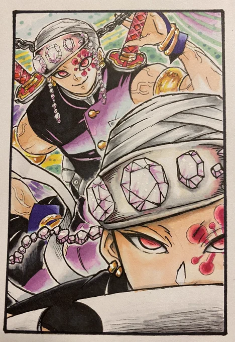 やっぱ純粋に喜んでくれる人には特に、頑張って描いてよかったなって思える。ほんとに一筆一筆魂込めないとこんなの描けないんですよね。絵だけじゃなくコスプレや刺繍やフィギュアの製作・リペイント・ディスプレイ…作品への愛とリスペクトがあるものって最高ですよね👍✨

#宇髄天元 
#イラスト https://t.co/Czlmfwz5Fu 