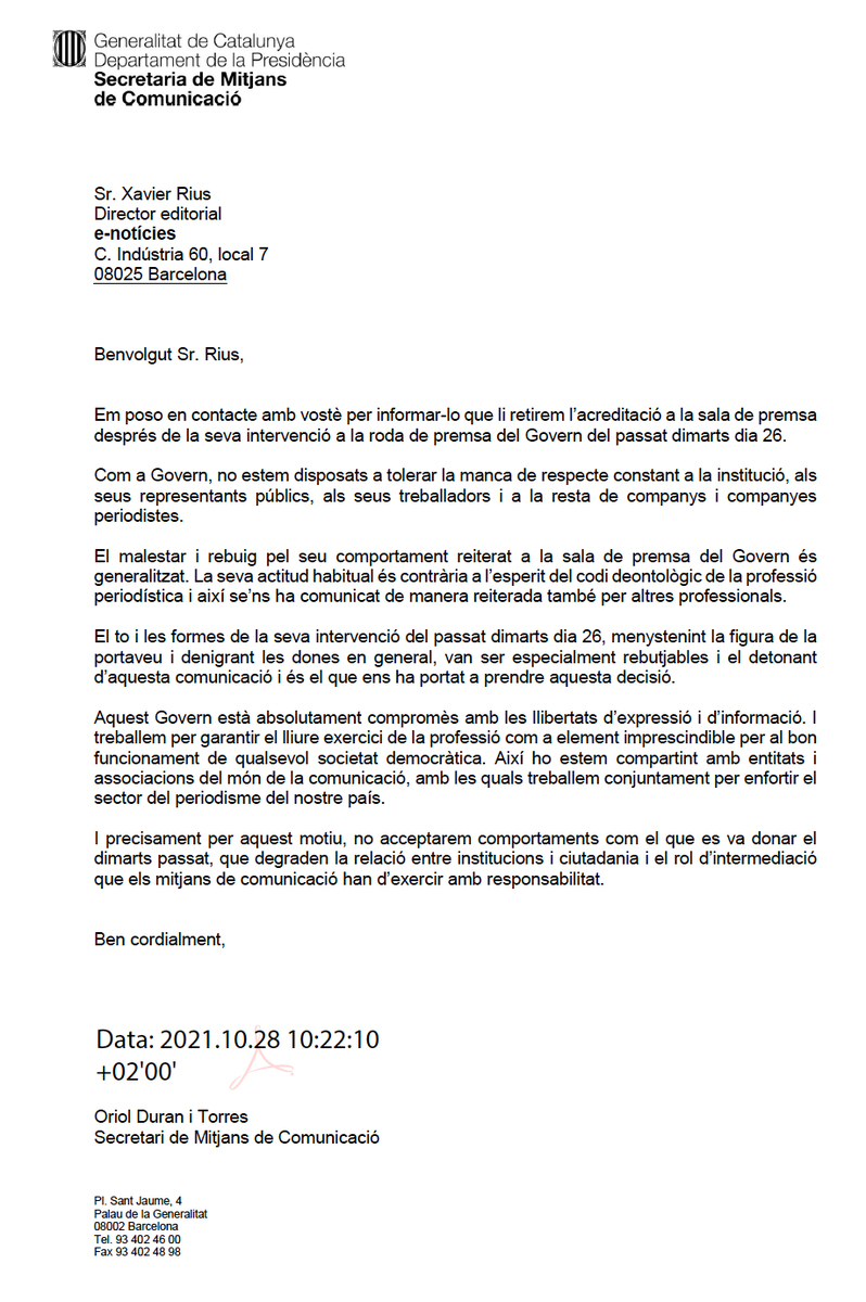 xrius007's tweet photo. Me han echado de Palau. No toleran la crítica. La misma carta es un insulto. Pero seguiré haciendo mi trabajo. Y espero que hagan lo mismo con los dos humoristas de TV3. https://t.co/RzOnwUeEQw @perearagones  @Odtor @patriciaplaja @enoticiescat https://t.co/VLI9XWMtKn