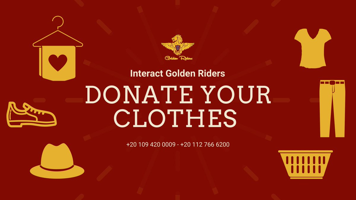 InteractGR's tweet photo. We as, Interact Golden Riders, will be collecting all your cloth donations and distributing on the people who need it the most💛

For donations please contact:
Jana Tamer: +20 109 4200009
Mariam ElSawy: +20 112 7666200

#interactgoldenriders #leavingourfingerprints https://t.co/gKveh7ysvQ