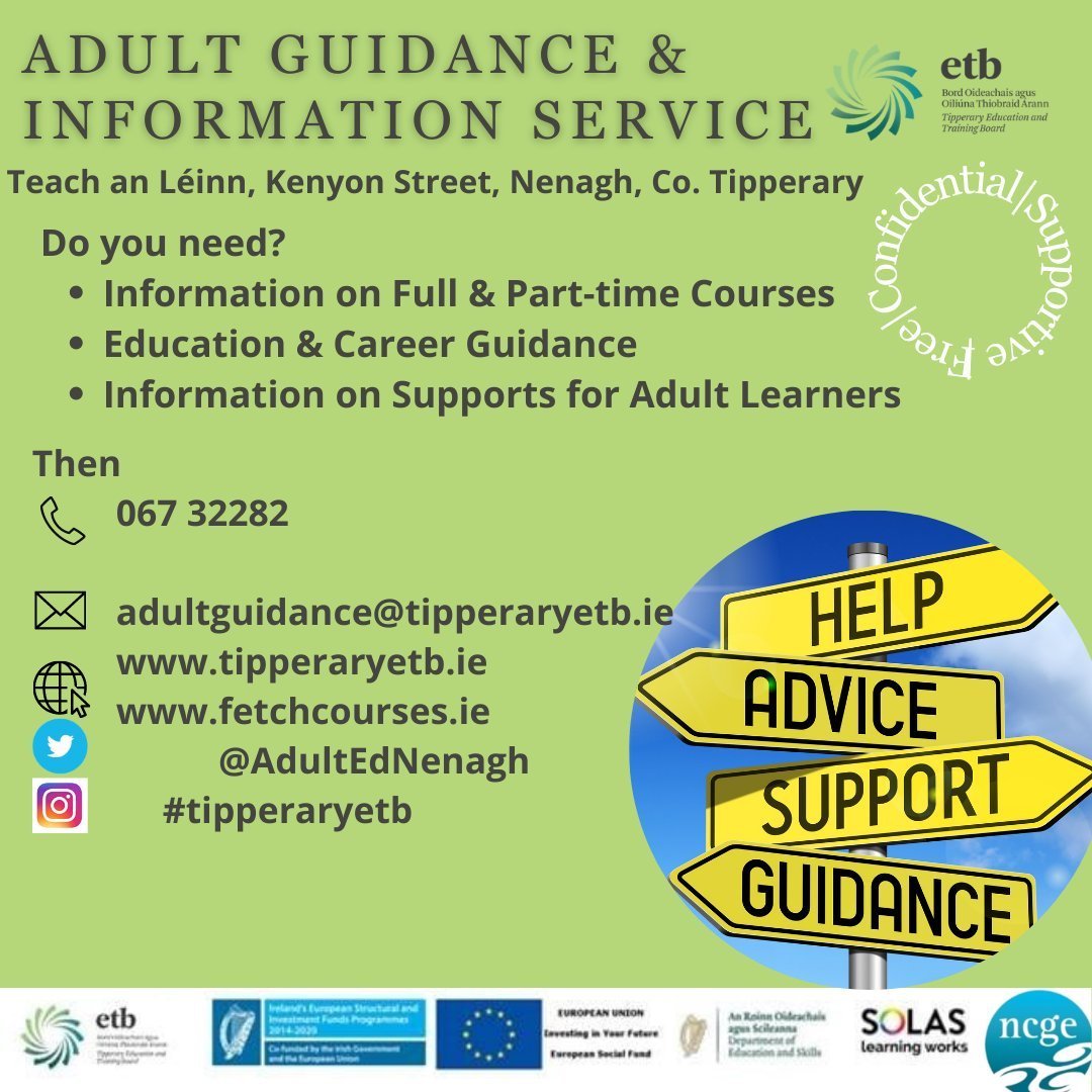 fet_nenagh's tweet photo. Find out what courses are there for you!
Phone today 067 32282
email - adultguidance@tipperaryetb.ie
#fetchcourses https://t.co/2TeJ4G1d6c