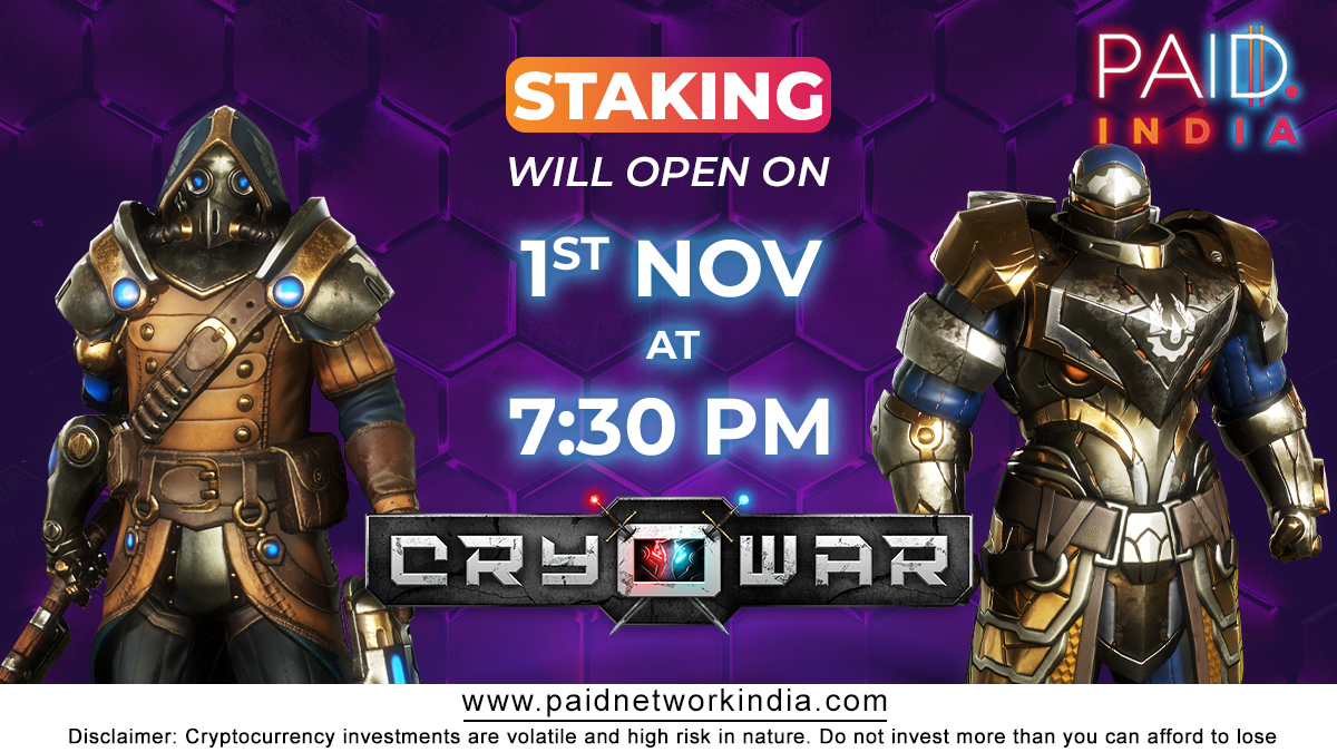 Mark your calendar. Staking for CRYOWAR will be opening on 1st Nov at 7:30 PM.
<a href="/CryowarDevs/">Cryowar</a> 

#PaidIndia #IDOLaunchpad #GetPAID #IDO #staking #idostaking #markit #Cryowar #Solana #NFTGame #BlockchainGame