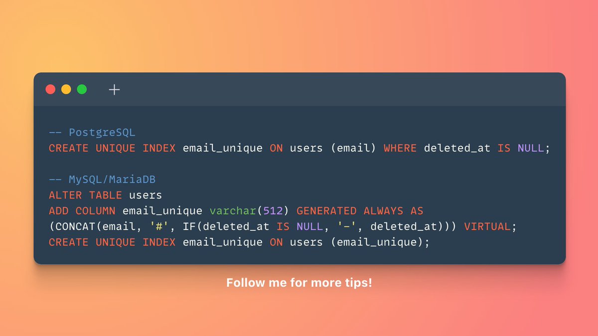 tobias_petry's tweet image. ⚡️ Database Tip
Sometimes you want to make columns unique but you can't because e.g. there are still soft-deleted rows in the table witht the same value. By only including relevant rows (partial index) you can still enforce uniqueness, and you can even simulate it for MySQL!