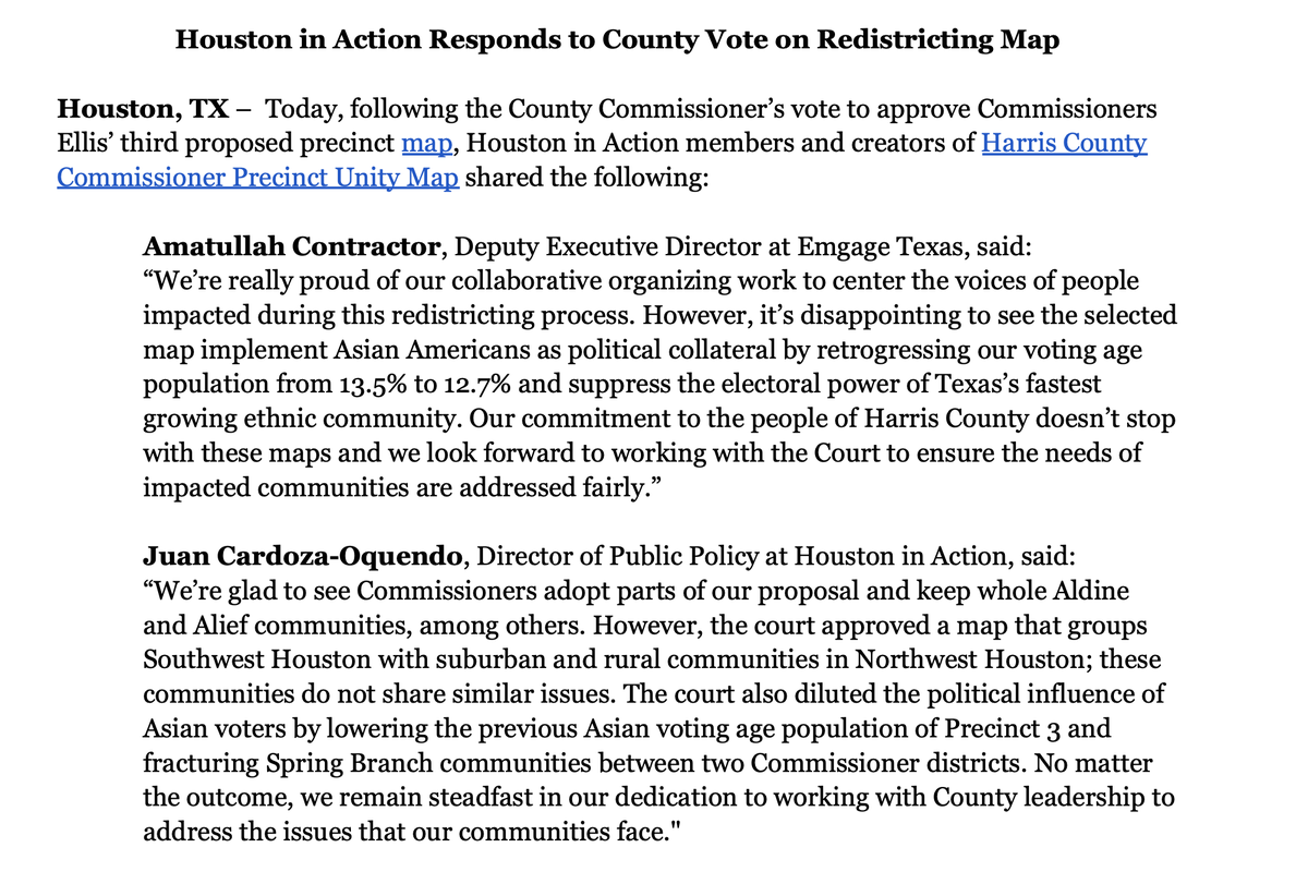 HoustoninAction's tweet photo. @HoustoninAction and partners respond to the County Commissioner’s vote to approve @RodneyEllis third proposed precinct map. @EmgageAction @OCAHouston @PureJustice_HTX @MiFamiliaVota #UnityMap #hounews #pressrelease #houston https://t.co/pIFPrJtKx9
