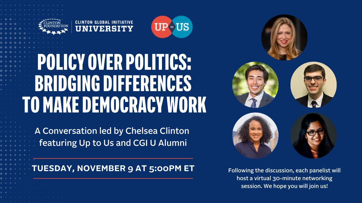 CGIU's tweet photo. Join us on November 9 as @ChelseaClinton moderates an exciting and timely panel discussion with @UpToUsNews and #CGIUAlumni on how the next generation is choosing policy over politics to make democracy work. #UptoUs #PolicyOverPolitics
Register at β‘οΈ https://t.co/FBEDgBrdvT https://t.co/ehUeo09Xfi
