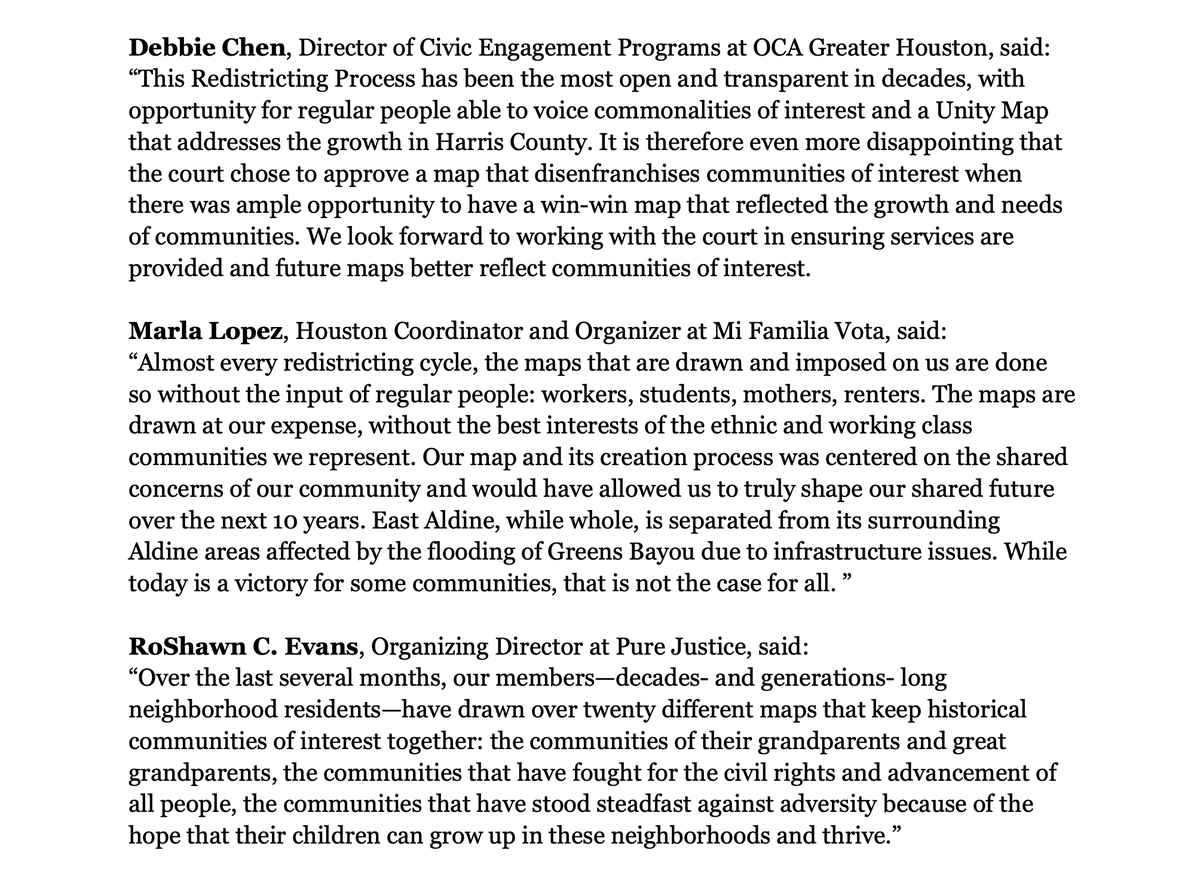 HoustoninAction's tweet photo. @HoustoninAction and partners respond to the County Commissioner’s vote to approve @RodneyEllis third proposed precinct map. @EmgageAction @OCAHouston @PureJustice_HTX @MiFamiliaVota #UnityMap #hounews #pressrelease #houston https://t.co/pIFPrJtKx9