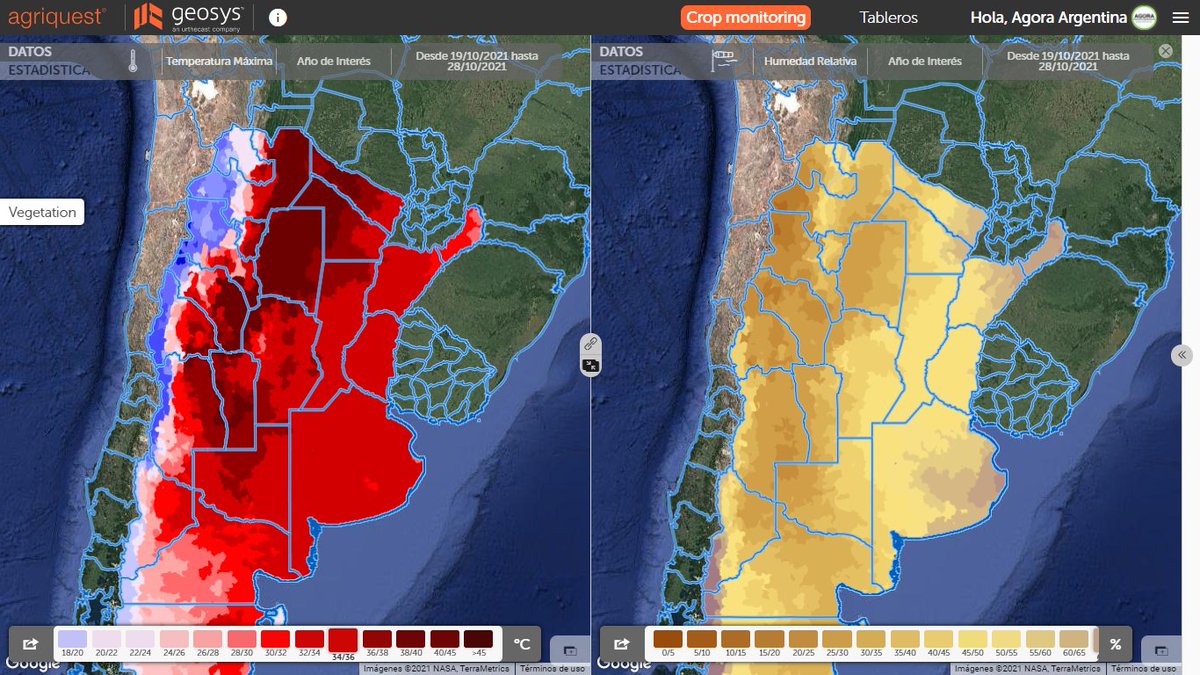 Agora_agro's tweet photo. Una mirada rápida con agriquest® de geosys™:
1. Mapa de temperatura máxima y humedad relativa de los últimos 10 días 
2. Mapa de cantidad de días con temperaturas por encima de 25°C + gráficos de Tmax y HR registrados en comparación con el promedio histórico https://t.co/mgyU15XAkT