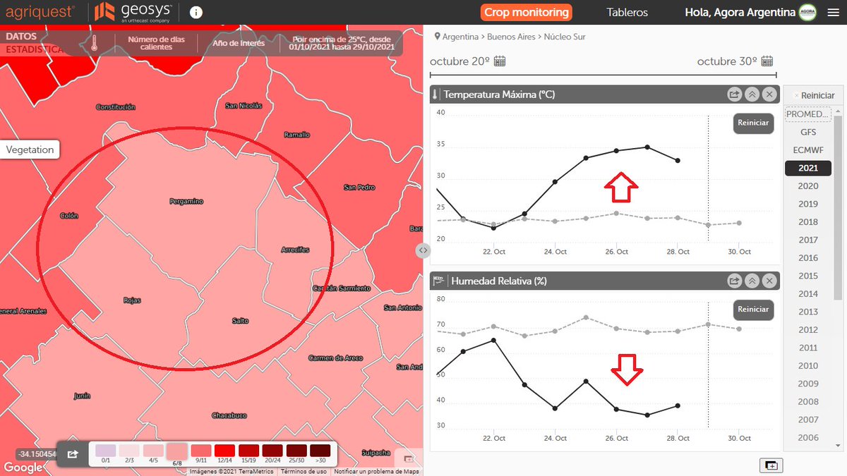 Agora_agro's tweet photo. Una mirada rápida con agriquest® de geosys™:
1. Mapa de temperatura máxima y humedad relativa de los últimos 10 días 
2. Mapa de cantidad de días con temperaturas por encima de 25°C + gráficos de Tmax y HR registrados en comparación con el promedio histórico https://t.co/mgyU15XAkT