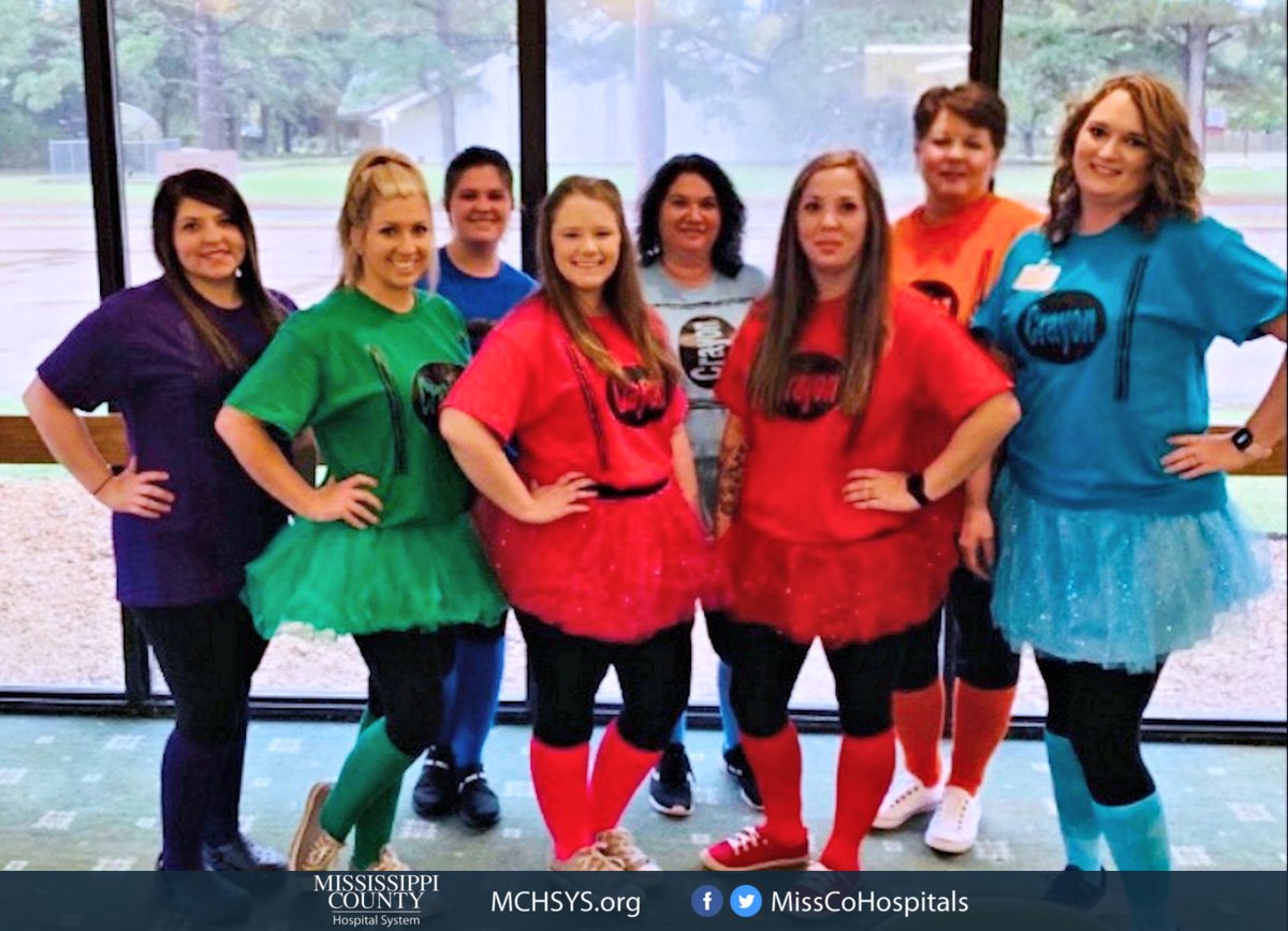 The ladies at Great River Women's Clinic had some costume fun today as a colorful group of crayons 🖍️💙 #YourMCHS