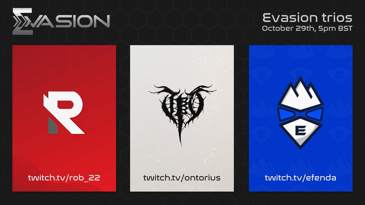 rob_22tv's tweet photo. Evasion trios tonight, gonna be a blast! Lets get it @efendaTv @Ontorius Hosted by @evasion_gg https://t.co/zZSyvpqal3 My POV on https://t.co/dOcQTkbRWl 5pm BST! https://t.co/mLYaDwXtbl