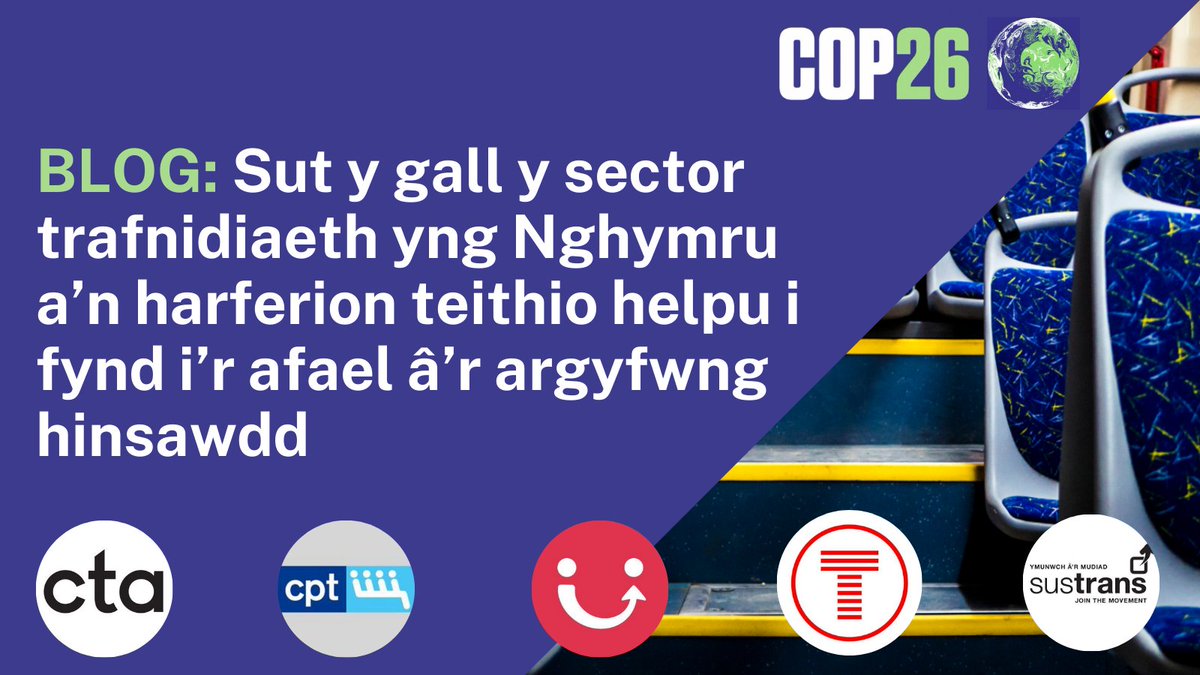 Blog newydd! Cyn #COP26, mae cynrychiolwyr o <a href="/TravelineCymru/">Traveline Cymru</a>, <a href="/transport_wales/">Trafnidiaeth Cymru / Transport for Wales</a>, <a href="/CPT_UK/">Confederation of Passenger Transport</a>, <a href="/CTAUK1/">Community Transport Association</a> a <a href="/SustransCymru/">SustransCymru</a> yn sôn am beth y gall y diwydiant trafnidiaeth yng Nghymru ei wneud i helpu i fynd i’r afael â’r newid yn yr hinsawdd. Diolch iddynt i gyd: ow.ly/tjJS50GB5RU ⬅️