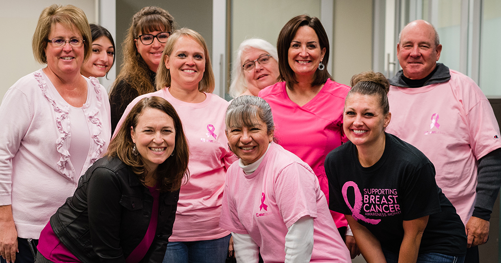 MeritMedical's tweet photo. We couldn't close out #BreastCancerAwarenessMonth without our friends in the Merit Salt Lake City offices showing off their pink tees, ribbons, smiles, and solidarity. Thank you for helping to make this #BCAM2021 such a success: https://t.co/KX66yQEzo2 #MeritStrong https://t.co/pi4UEdblak