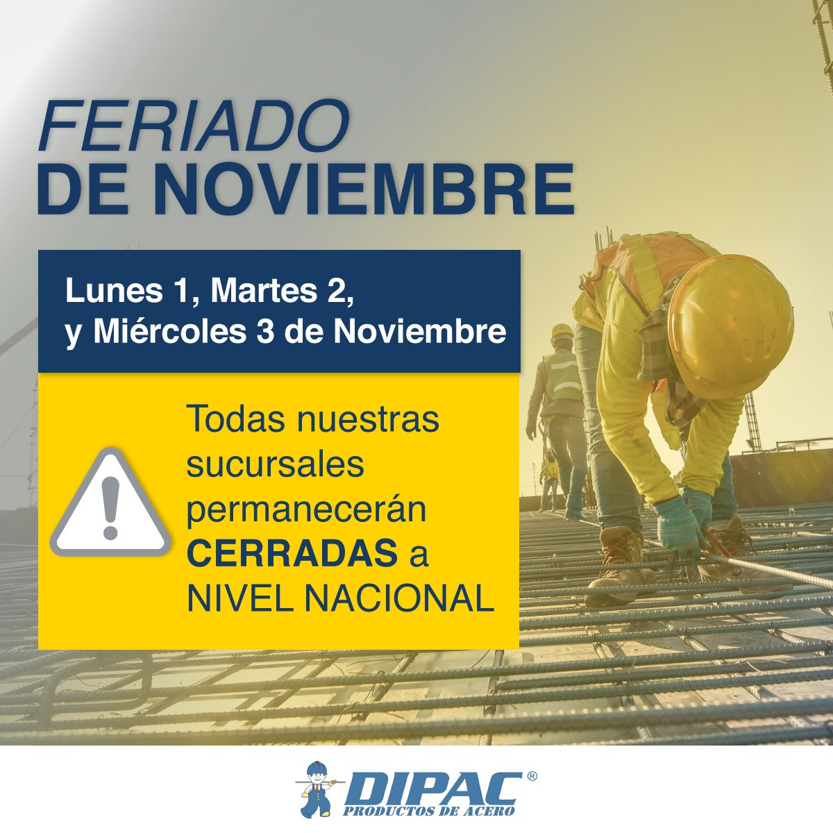 dipacmantasa's tweet photo. ¡HORARIOS DE ATENCIÓN POR FERIADO DE NOVIEMBRE!
Estaremos atendiendo en los siguientes horarios en todas nuestras sucursales a nivel nacional.

Sábado, 30 de Octubre
Atención normal de 08:00 a 12:00

1, 2, y 3 de Noviembre
Cerrado a Nivel Nacional

https://t.co/jmZ8GE5FA3 https://t.co/1o7fDGRdSQ
