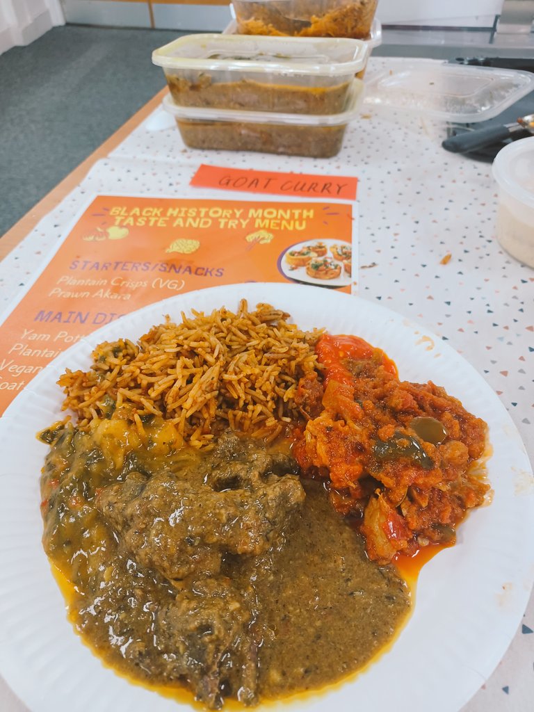 AdvanceCharity's tweet photo. Today Advance women's centre hosted #blackhistorymonth African and Caribbean cuisine 'Taste & Try'.
#currygoat
#jollofrice #veganstew #yampottage #plantaincups #prawnakara #plaintainchips & more
#food #carribeanfood #africanfood #WomenDemandBetter #women #womensupportingwomen https://t.co/jCd9ajy6eH