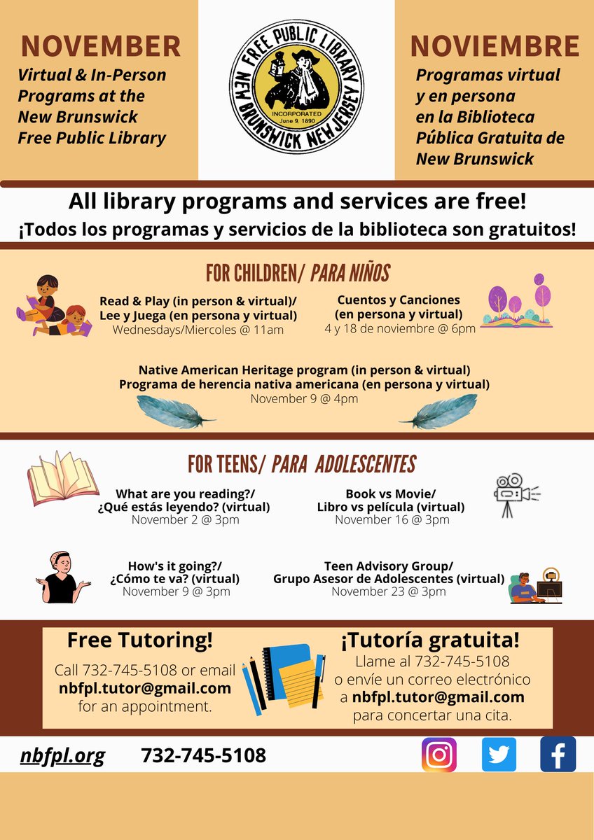NBFPLNJ's tweet photo. Check out our November calendar (online version at https://t.co/QWDjy8dtPo) to see what the library has to offer next month! 
Visit https://t.co/RA5HjdTReN for more details.
#NBFPL #NJlibraries #LibraryPrograms #VirtualPrograms #InPersonPrograms https://t.co/bJ7MRxSc41
