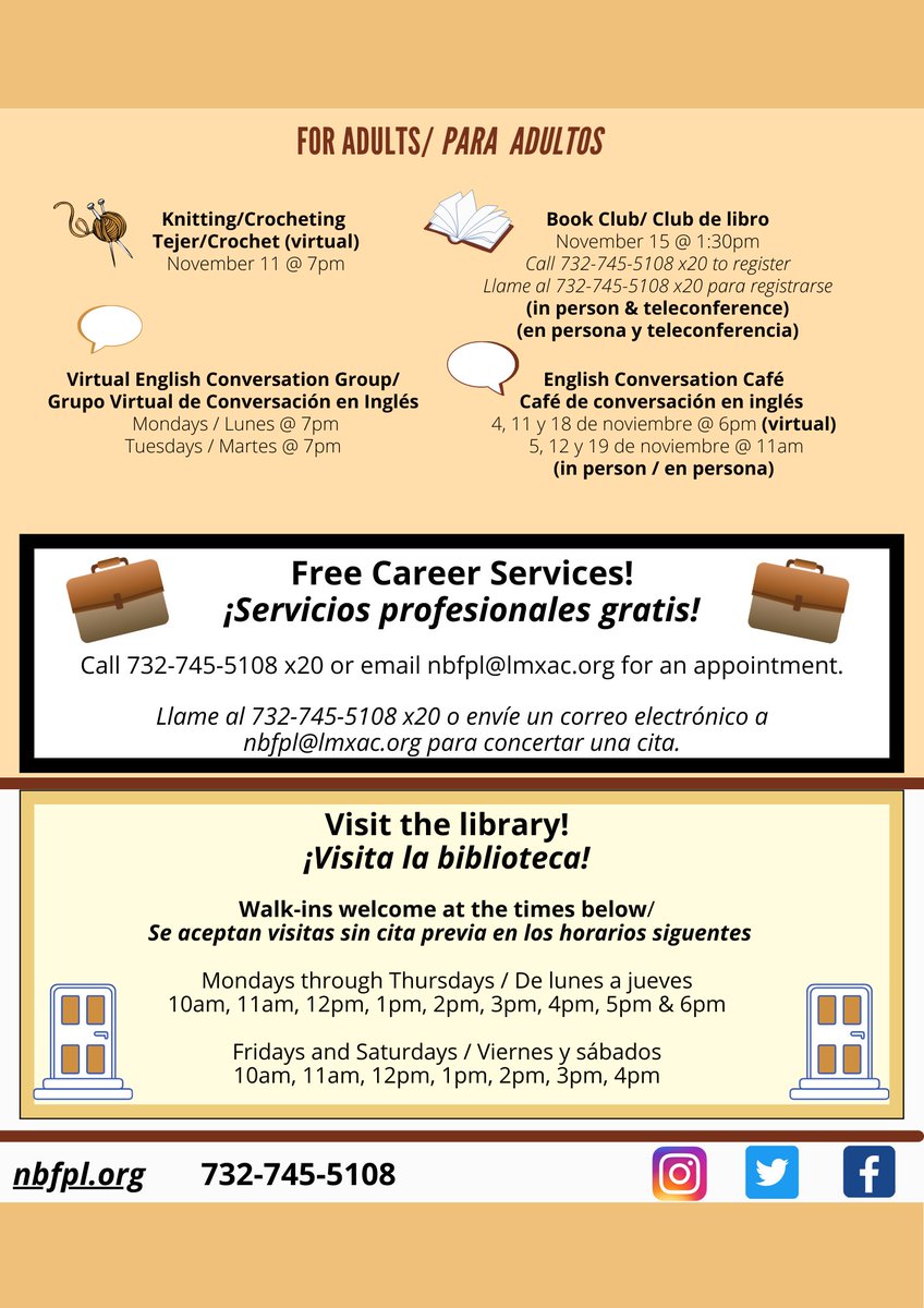 NBFPLNJ's tweet photo. Check out our November calendar (online version at https://t.co/QWDjy8dtPo) to see what the library has to offer next month! 
Visit https://t.co/RA5HjdTReN for more details.
#NBFPL #NJlibraries #LibraryPrograms #VirtualPrograms #InPersonPrograms https://t.co/bJ7MRxSc41