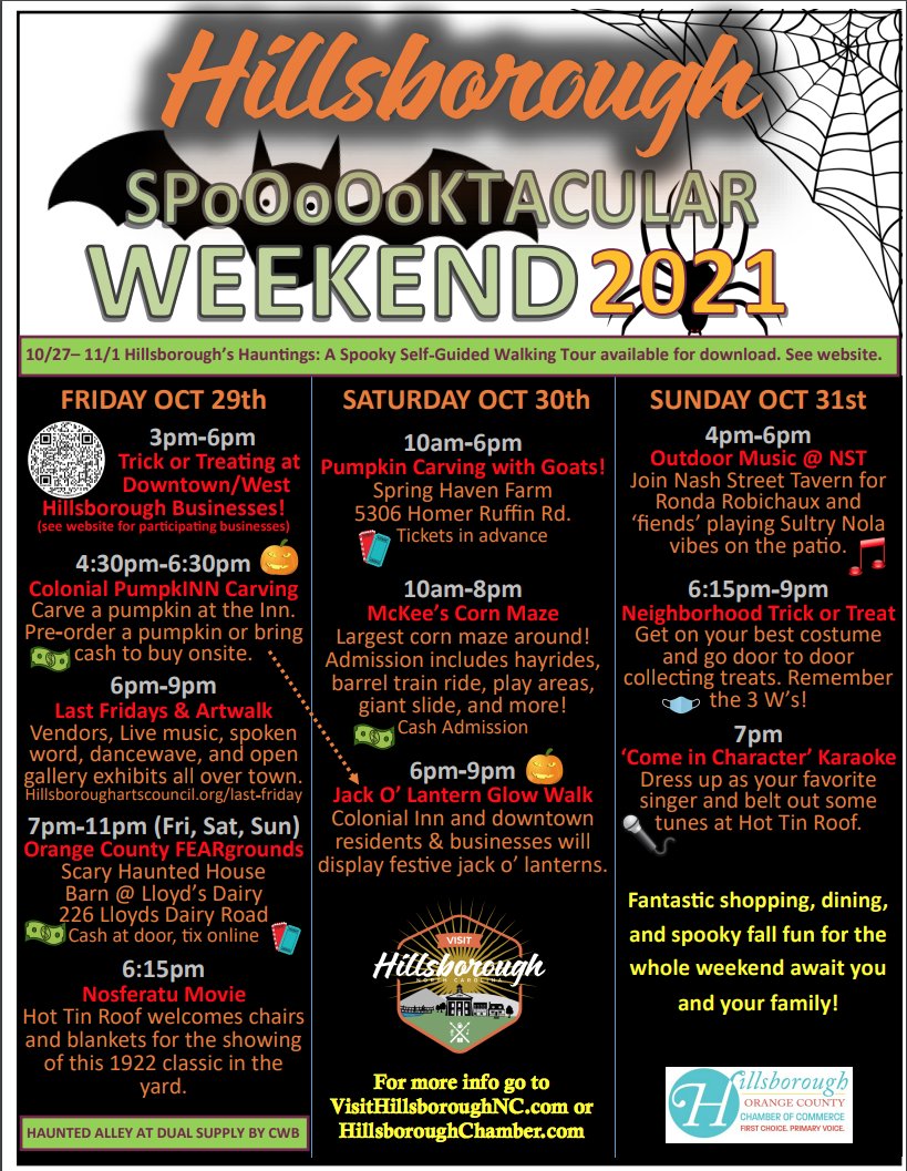 orangehistorync's tweet photo. It’s going to be a ‘spooktacular’ weekend in Hillsborough! Don’t miss us as a stop on the merchant trick or treat route this Friday from 3pm to 6pm, and enjoy a variety of festivities all weekend long. @allianceforhistorichillsborough #visithillsborough https://t.co/1PD8U3dUkm