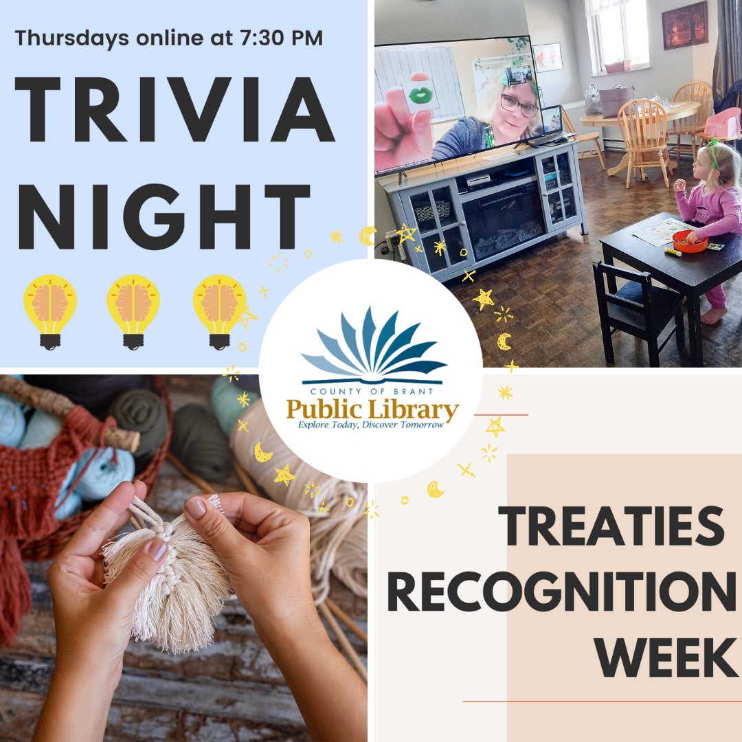 brantlibrary's tweet photo. Visit https://t.co/shJK2Uhi8G and check out some fun virtual programs #NextWeekWithTheLibrary!
๐ Weekly storytimes and Friday fun!
๐งต Teen DIY - Mini Macramรฉ
๐ Trivia Night - Thursdays at 7:30 PM
Next week is also #TreatiesRecognitionWeek (Nov 1-7)!
#BrantLibrary https://t.co/ssk035vTyl