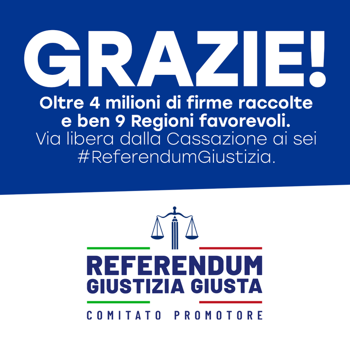 LegaSalvini's tweet photo. 🔴 Matteo Salvini: GRAZIE!!!
La Cassazione ha dato il via libera ai sei #ReferendumGiustizia. Finalmente gli italiani avranno l'opportunità di cambiare la Giustizia! Appuntamento in primavera.
Un ringraziamento a chi ha firmato, a chi era presente… https://t.co/Nl93wfjYcD https://t.co/B6iE1l2AuA