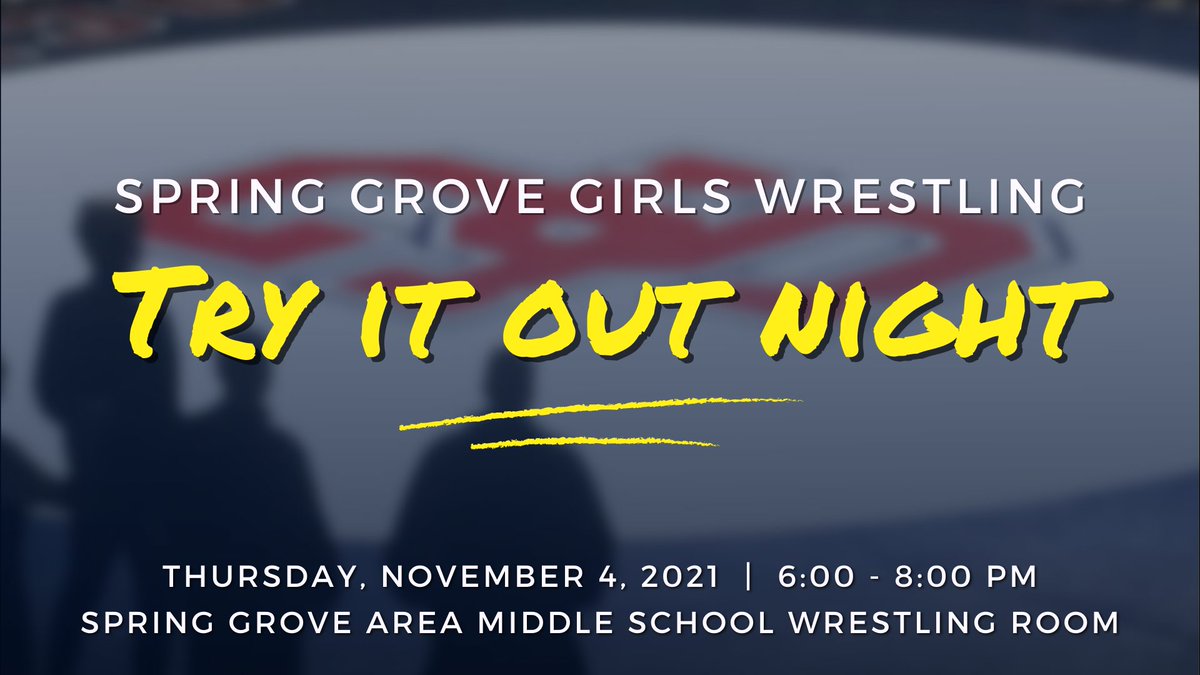 SGSchoolNews's tweet photo. Spring Grove is hosting a  Wrestling "Try It Out" Night for girls in grades K-12! It will be held on Thursday, 11/4, from 6:00-8:00 PM in the Spring Grove Area Middle School Wrestling Room. Visit https://t.co/WY4G53KPQK for more information on this opportunity! https://t.co/vUQDiRzrl8