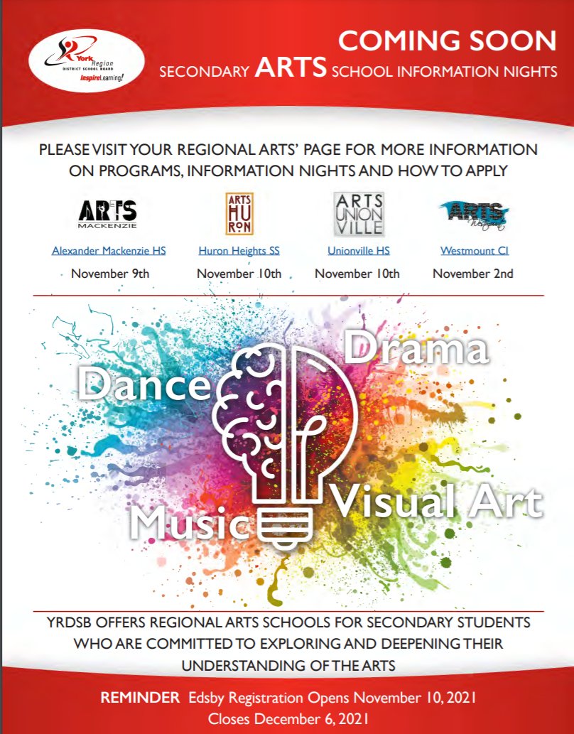 #YRDSB secondary arts schools are hosting online information nights starting this Tuesday, November 2 for Grade 8 and 9 students. 

Visit ow.ly/ltC850GBeTk for more information about the program.

<a href="/WCI_YRDSB/">Westmount Collegiate Institute</a>  @YRDSBArts <a href="/hhssyrdsb/">Huron Heights Secondary School</a> <a href="/UHSupdates/">Unionville HS</a>  #AlexMacHS