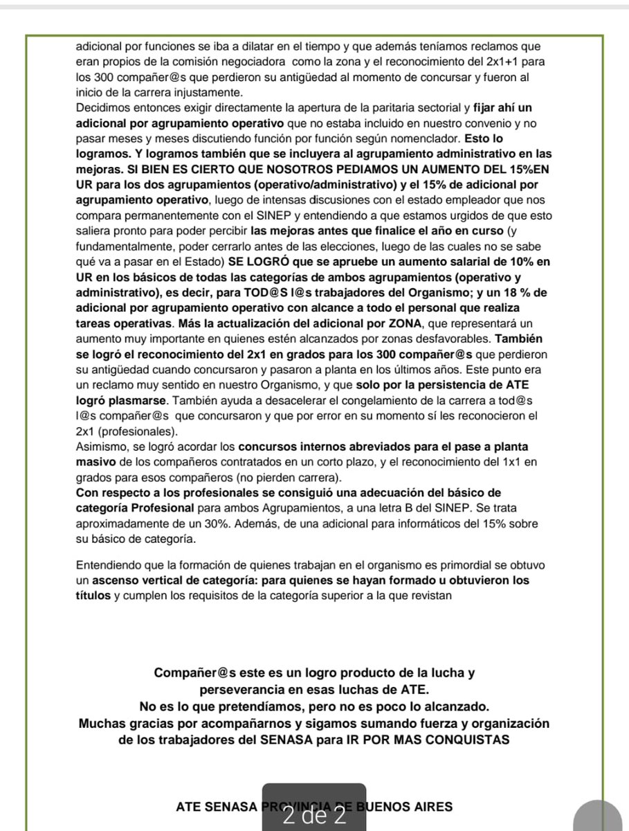 Logro de ATE! Después de tanta lucha acá están los resultados!!
<a href="/matiaslongoni/">Matías Longoni</a> <a href="/SenasaAR/">Senasa Argentina</a> <a href="/DominguezJul/">Julián Domínguez</a> <a href="/AgriculturaAR/">Secretaría de Agricultura, Ganadería y Pesca</a> <a href="/ATEBuenosAires/">ATE Buenos Aires</a> <a href="/infocampoweb/">Infocampo</a> <a href="/AgenciaElVigia/">Agencia El Vigía</a> <a href="/AgenciaTelam/">Agencia Télam</a>