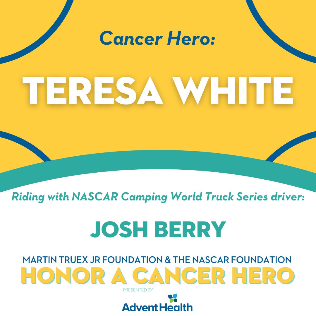 NASCAR_FDN's tweet photo. Riding with @joshberry tomorrow is cancer hero Teresa White. Teresa fought and won her battle against breast cancer with a never-ending positive attitude. #HeroesRideAlong https://t.co/HlSXyTxyie