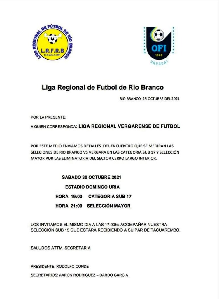 ALACANCHA2's tweet photo. Mañana sábado se jugara el partido de Ida entre #RioBranco y #Vergara para definir quien será el representante de Cerro Largo Interior en el próximo Campeonato Nacional de Selecciónes tanto en juveniles como mayores. El primer juego va en Rio Branco y la vuelta en Vergara. https://t.co/53Xw8Zn7xh
