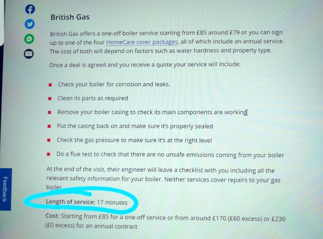 19Hex78's tweet photo. Check your terms and conditions people. £85 for 17 minutes with no actual work done.. This is not a service, just check your manufacturer's Instructions. Use your local gas engineer for a proper service. #Golocal https://t.co/8gSmq9RLx0