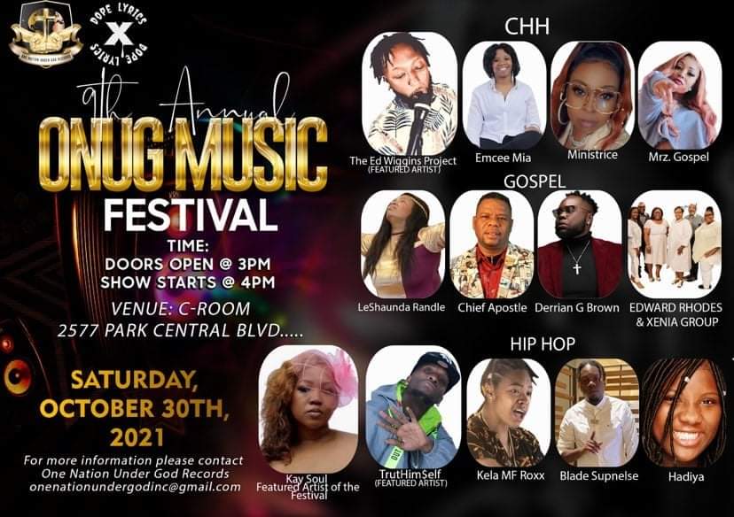 OneNationRadio1's tweet image. 9th Annual ONUG Music Festival

All Genres of Music on 1 Stage
(R&amp;amp;B, Gospel, Hip-Hop, CHH)

DATE:
Saturday, October 30th, 2021

TIME: 
Show starts @4pm 
Doors open @3pm

VENUE:
C_Room Annex
2577 Park Central Blvd
Decatur, Ga 

Get Your Tickets Here: ($10)
eventbrite.com/e/9th-annual-o…