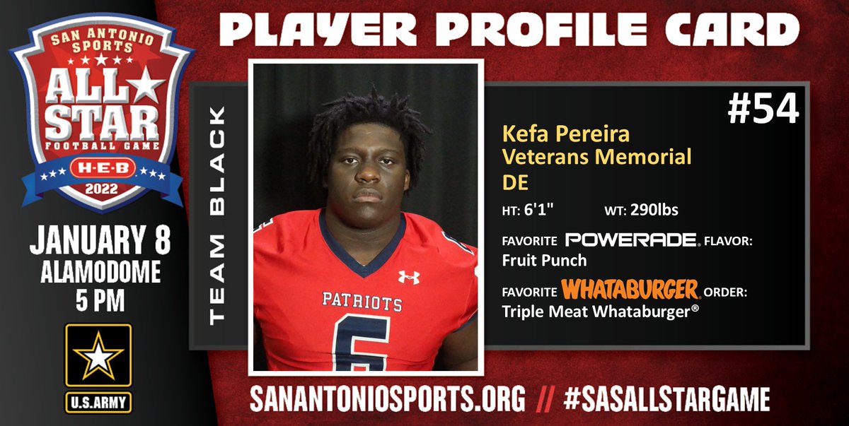 Meet <a href="/KefaPereira94/">Kefa Pereira</a> from <a href="/SAVeteransFBall/">Veterans Memorial Football™️</a> who will compete in the San Antonio Sports All-Star Football Game pres. by <a href="/HEB/">H-E-B</a> at the Alamodome on Jan. 8 <a href="/ArmySanAntonio/">GoArmy San Antonio</a> #SASAllStarGame <a href="/USArmy/">U.S. Army</a> #WhatsYourWarrior <a href="/POWERADE/">POWERADE</a> <a href="/Whataburger/">Whataburger®</a> <a href="/JudsonISD/">Judson ISD 🍎</a> <a href="/JISD_ATHLETICS/">Judson ISD Athletics</a> @CoachMendoza10