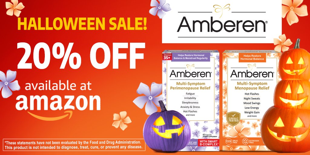 AmberenOfficial's tweet photo. #Amberen offers clinically tested, multi-symptom relief for either perimenopause or menopause. Amberen contains no hormone, drugs, or estrogen! No tricks! Treat yourself to our Halloween 20% OFF Amberen orders on Amazon today &amp; have a #HappyHalloween! https://t.co/8F3XnmbNUa https://t.co/0KOSS1sRgb