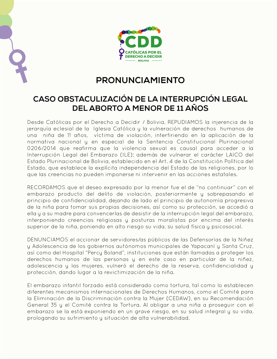 CatolicasBo's tweet photo. Como mujeres católicas y feministas nos pronunciamos contra todos los atropellos y vulneraciones cometidas contra la niña de 11 años, a la que pretenden obligar a parir.

¡Las niñas no son madres!

#NiñasNoMadres https://t.co/LdDnkmFtCs