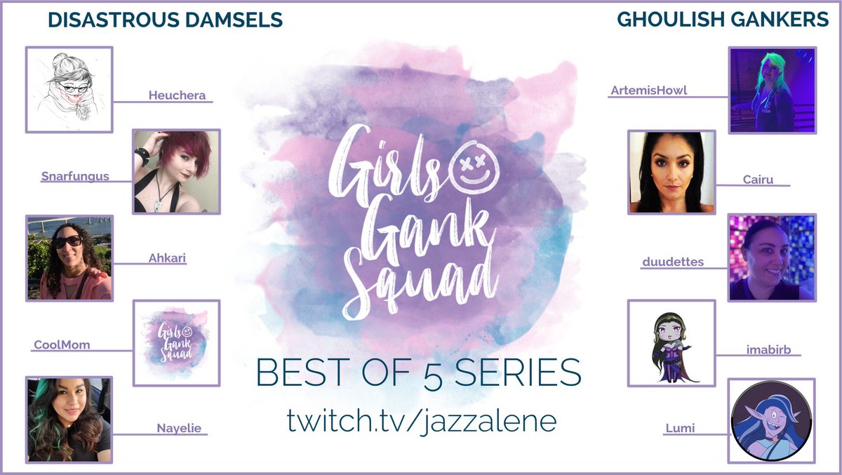 Catch #GirlsGankSquad tonight at 6 PM PT! <a href="/ellixya/">elli</a> will be joining me to cast and we’ll be giving away a GGS sweater!

Disastrous Damsels
Heuchera
<a href="/snarfungus/">Snarfungus (She/They)</a> 
Ahkari 
CoolMom
@MissNayelie 

Ghoulish Gankers
<a href="/Artemishowl_/">Morgan K 🖤</a> 
<a href="/CairuCan/">Candy</a> 
duudettes 
Imabirb 
<a href="/LumiRainTwitch/">LumiRain</a>