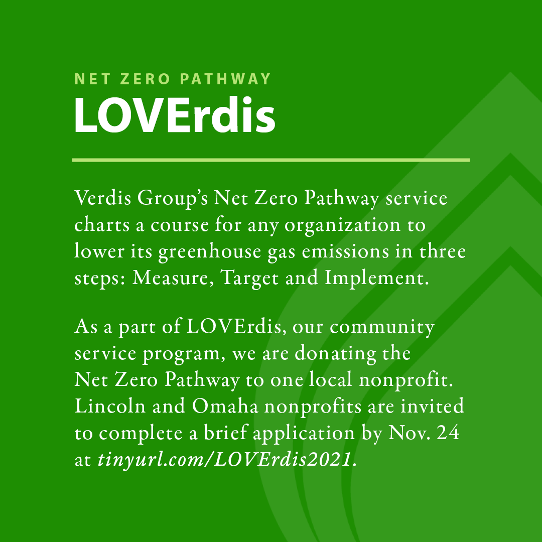 verdisgroup's tweet photo. 2 weeks left to apply! Through our community service program #LOVErdis, we are going to develop and donate a full strategy to achieve #NetZero emissions for one #Omaha or #Lincoln nonprofit. Apply here by Nov. 24: https://t.co/DrMYhlUQsv https://t.co/8x6z9Oxcz7