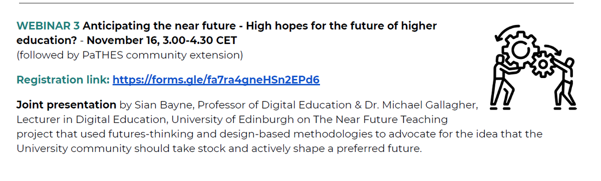PaTHES_Society's tweet photo. PaTHES Thematic Webinar Series 2021: Foresight, speculative design and preferable higher education futures.

WEBINAR 3 Anticipating the near future  - November 16, 3.00-4.30 CET

More info at https://t.co/YpPPLVlCng https://t.co/gUzPmWkvKl