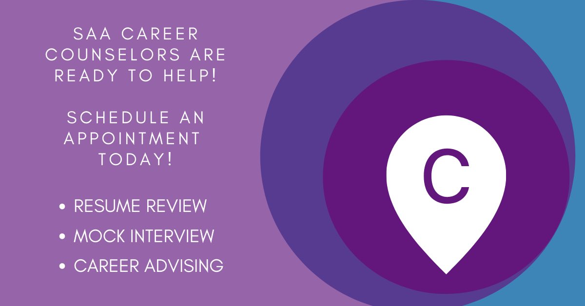 Did you know that SAA Commons offers resume review services, mock interviews, and career advising sessions? Book an appointment today to work with an SAA Career Counselor! Visit bit.ly/SAA-CSC-Home