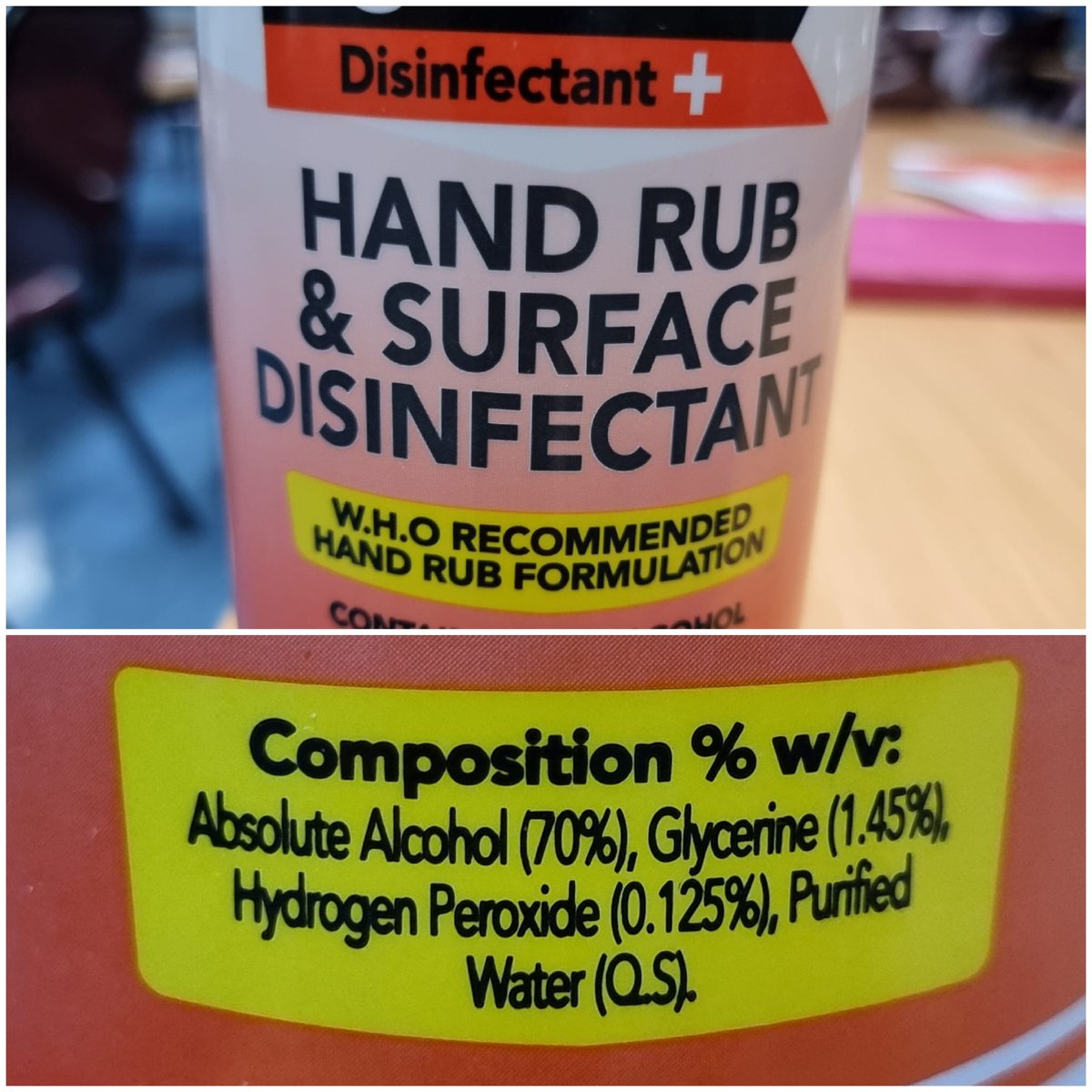 YolandaWalsh's tweet photo. My interest was immediately piqued when the alcohol hand rub was labeled as both a hand rub and surface disinfectant as per the #WHO #handrub formulation.
PS. A surface disinfectant should not contain #glycerine 🙈 https://t.co/zlqI7O085p