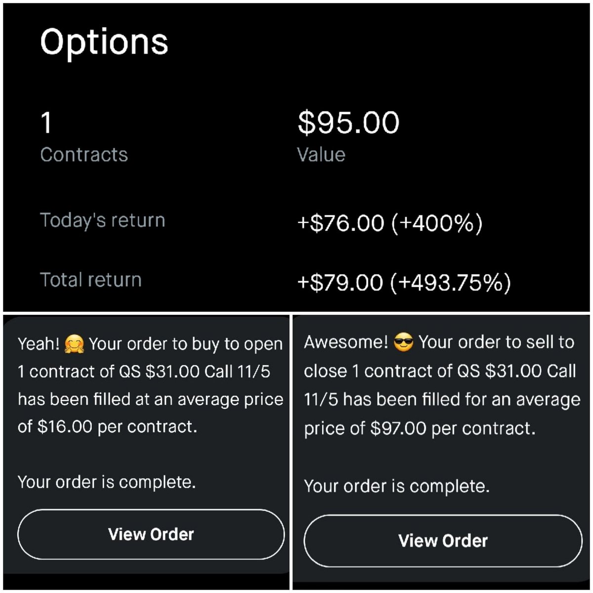 MoneyTracker2's tweet photo. Thanks @unusual_whales! Bought a $QS weekly yesterday on your (free) alert, sold today. I know it's not much in terms of actual $$ but I'll take 493% any day. Ngl, might have to try the Buffet next...  #followtheflow

Also, I know, get off Robinhood. https://t.co/TZoavWFoTv