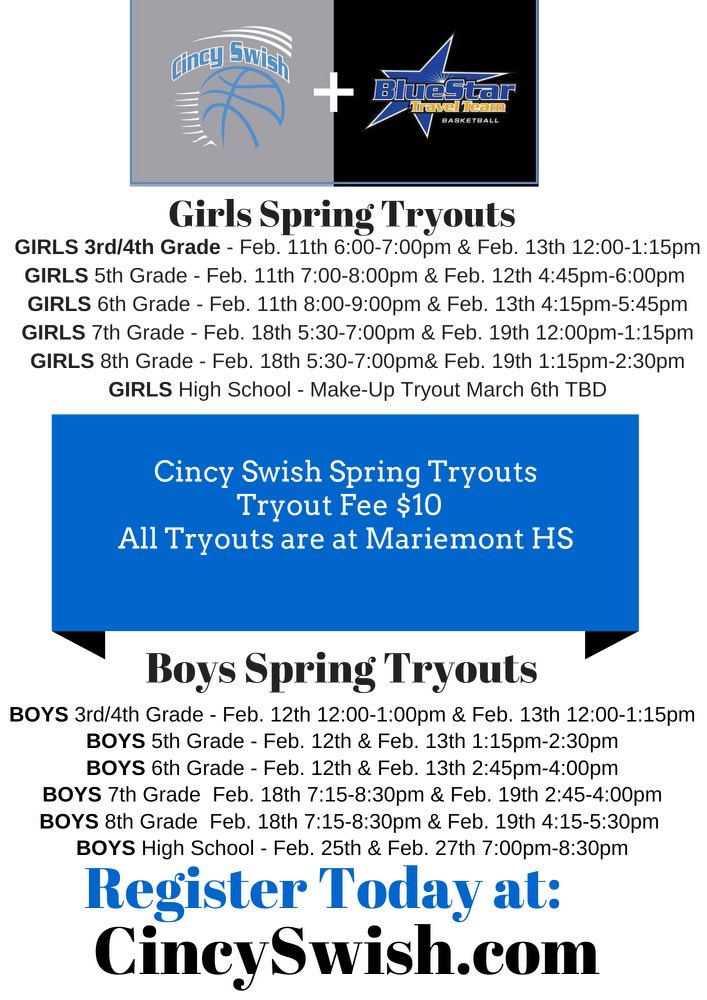 CincySwish's tweet photo. Spring tryout information! https://t.co/kI3tAwJbL5