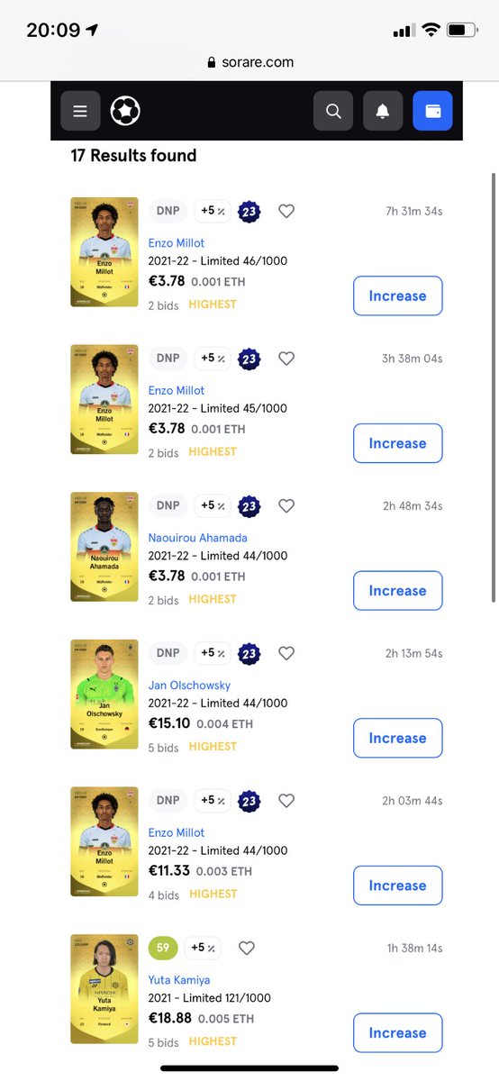 TheReekatron's tweet photo. My main entry into NFTs has been through Sorare (fantasy football), just made some small investments for now, with a few bids out on others. Hopefully I can get into the limited competitions properly by Christmas. Some of these are purely investments rather than point scorers. https://t.co/RU3lRzGUZY