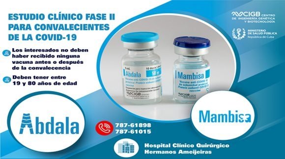 EmbacubaPrensa's tweet photo. Estudio clínico fase II para convalecientes de la COVID-19, con el candidato vacunal Mambisa y la vacuna Abdala, comenzó hoy con  la inclusión de pacientes en el Hospital Hermanos Ameijeiras. #COVID19 https://t.co/FzoZs42Bdm