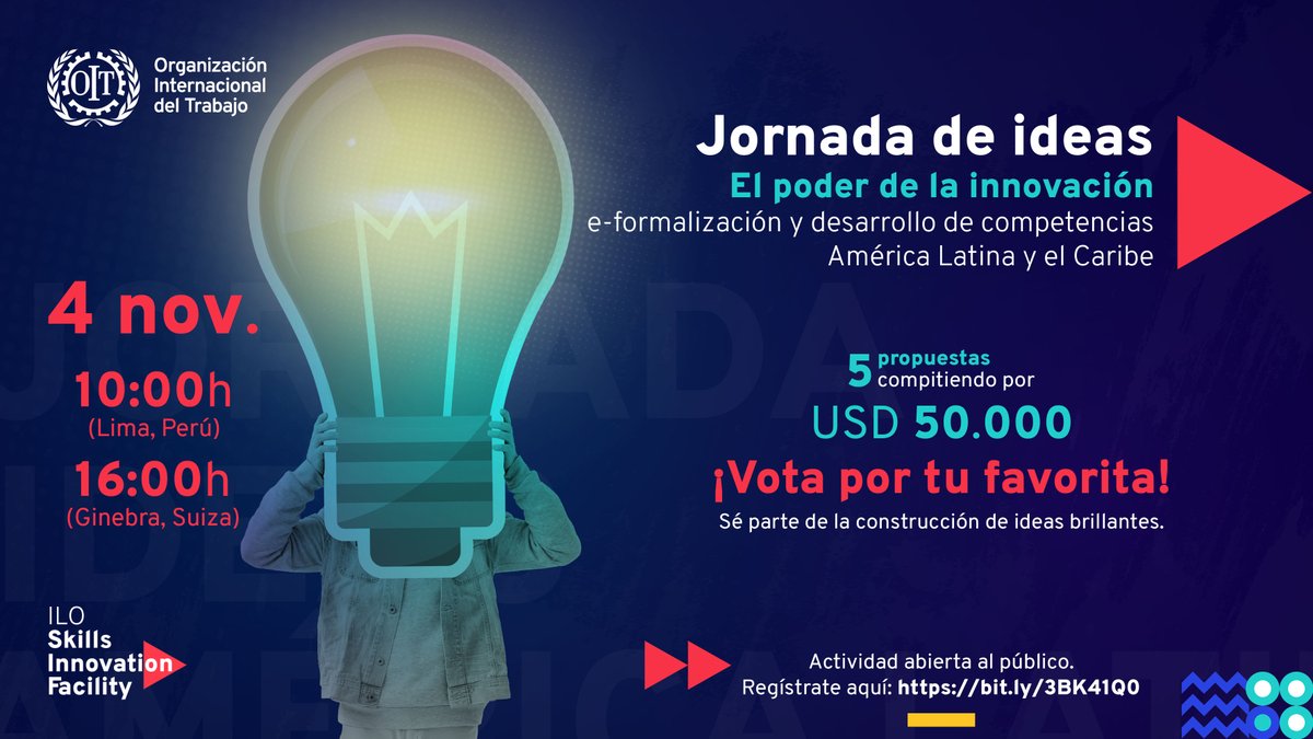 ¿Ya conoces las propuestas finalistas de la 2ª Convocatoria sobre Innovación y Competencias de la OIT?

Se trata de 5 iniciativas de Brasil🇧🇷, Ecuador🇪🇨 y Chile🇨🇱, las cuales serán presentadas durante un evento virtual este 4 de noviembre.

✍🏽Regístrate: bit.ly/3BK41Q0