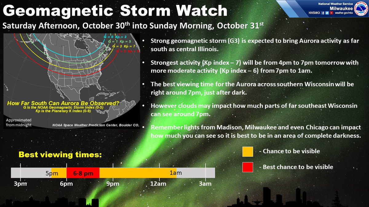 Possible GHOSTLY green glow of an Aurora Saturday evening and night from a strong geomagnetic storm (G3). The best chance to view it will be 6-8pm though it may be visible as early as 5pm and as late as 1am. Clouds may block it out somewhat in the far southeast. #wiwx #swiwx