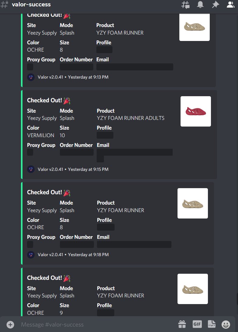 Bot: @ValorAIO Group: @Goodfellas_Club @mamikitchencn @Essentials_CN @NIUZ_BOOM @OculusAlerts @alertsjp Buddy: @3519COP @RichCookNotify Server: @DoraemonServers Proxies: @Profess0r__ Tool: @bootteer