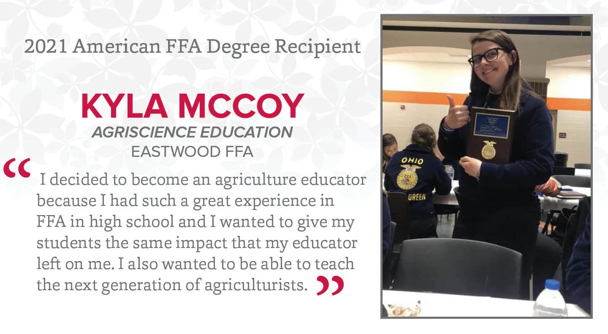 ACELatOSU's tweet photo. Congratulations to Kyla McCoy, an agriscience education student and alum of the Eastwood FFA Chapter, who will receive her American FFA Degree tomorrow.
#ACELatOSU #CFAES #TeachAg #FFAConv https://t.co/pyFRM0CQqd