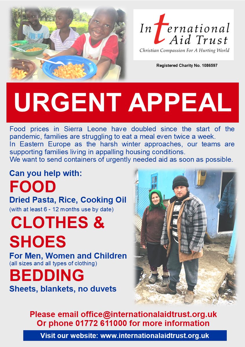 IAT_headoffice (@iatonline) on Twitter photo #URGENTAPPEAL Can you help with:
FOOD: Dried Pasta, Rice, Cooking Oil (6 - 12 months use by date). CLOTHES & SHOES: For Men, Women and Children (all sizes/ types). BEDDING: Sheets, blankets, no duvets. email office@internationalaidtrust.org.uk or phone 01772 611000 for more info #URGENTAPPEAL Can you help with:
FOOD: Dried Pasta, Rice, Cooking Oil (6 - 12 months use by date). CLOTHES & SHOES: For Men, Women and Children (all sizes/ types). BEDDING: Sheets, blankets, no duvets. email office@internationalaidtrust.org.uk or phone 01772 611000 for more info