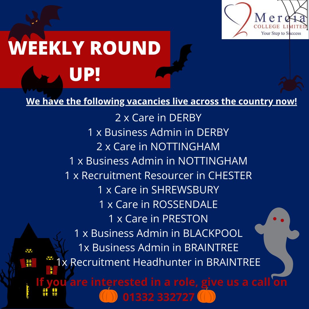 MerciaCollege's tweet photo. ☠🎃HALLOWEEN WEEKLY ROUND UP!!!🎃☠

We have 13 Apprenticeship vacancies live across the country right now.

Interested in a role? Call on 01332332727 or visit https://t.co/2MkuxTWu9L

Are you wanting to hire an Apprentice?
Call George on 01332332727

#Apprentice #Jobs #business https://t.co/15WjIfC9Dj