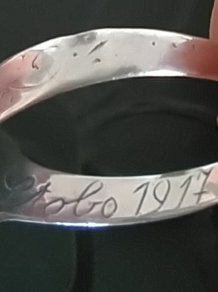 mrskmob1's tweet photo. @StobsCamp I've attached two photos of a silver ring my great grandfather made or had made for his wife whilst at Stobs in 1917. It's engraved inside "POW CAMP STOBS 1917" and has my great grans initials on the front. Just for your interest...#Stobs #Stobscamp #WW1 https://t.co/KFdbDATF3S
